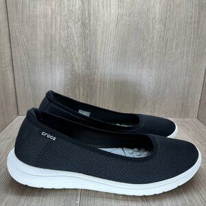 Crocs 205880 Reviva Ballet Flat Slip On Shoes Womens 11 Low Top Knit Black White